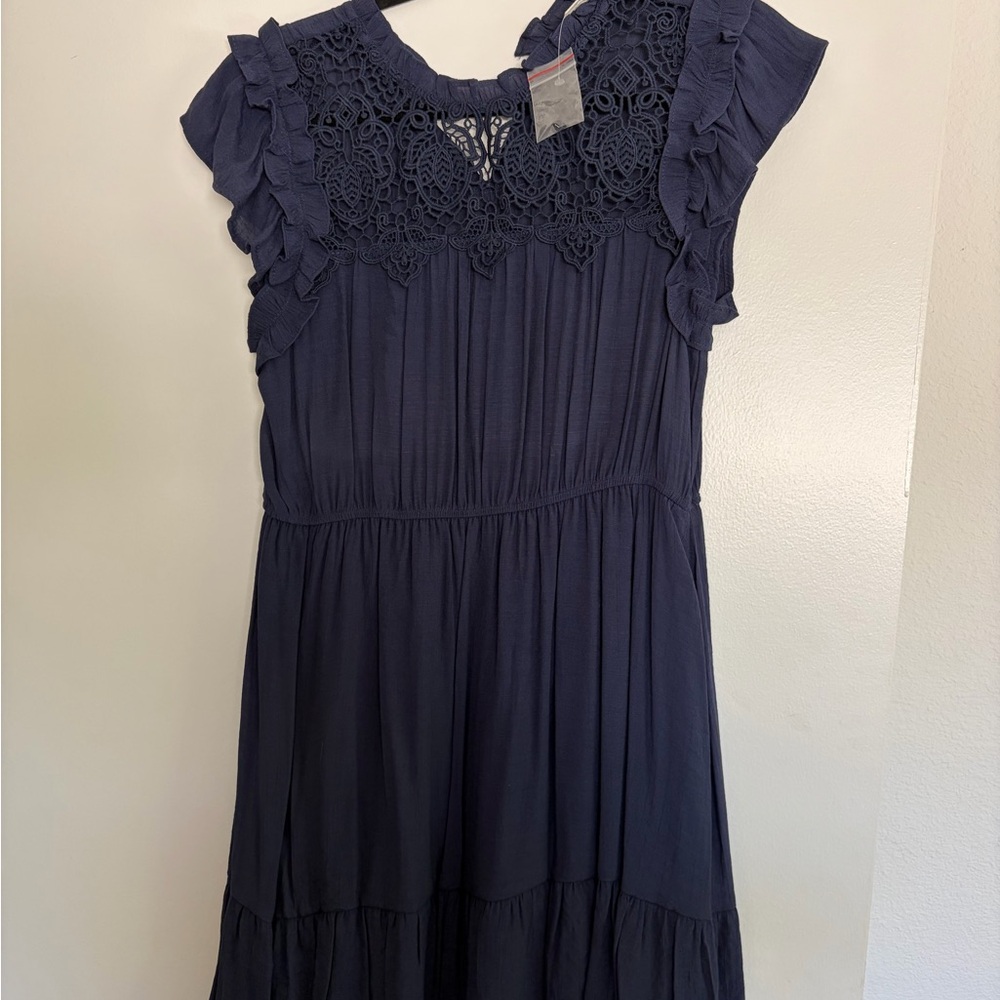mine Navy Crochet Yoke Ruffle Sleeve Dress